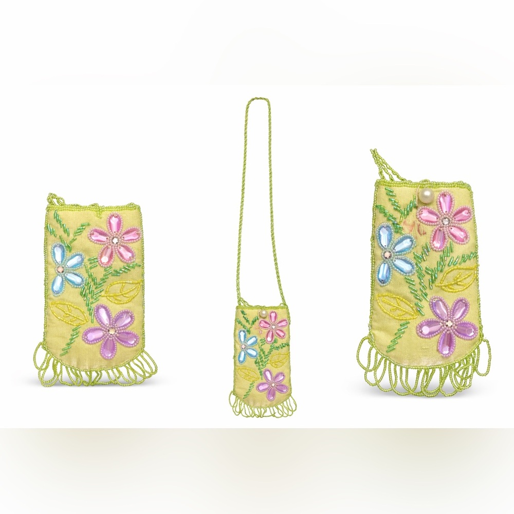 Vintage Beaded Floral Mini Crossbody Bag | Handmade Lime Green Bead Fringe Purse